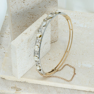 Antique 14ct Gold & Platinum Diamond & Baroque Pearl Hinged Bangle – Circa Early 1900s