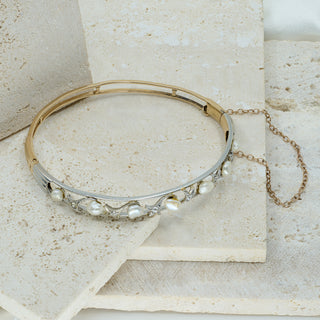 Antique 14ct Gold & Platinum Diamond & Baroque Pearl Hinged Bangle – Circa Early 1900s