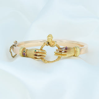 Rare Georgian 18ct Yellow & Rose Gold Fede Hands & Snake Bangle - Emerald & Ruby - Circa 1800