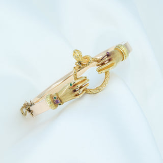 Rare Georgian 18ct Yellow & Rose Gold Fede Hands & Snake Bangle - Emerald & Ruby - Circa 1800