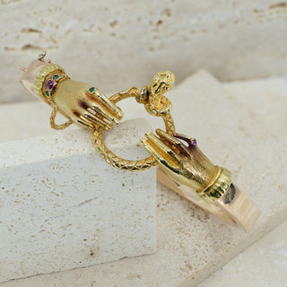 Rare Georgian 18ct Yellow & Rose Gold Fede Hands & Snake Bangle - Emerald & Ruby - Circa 1800