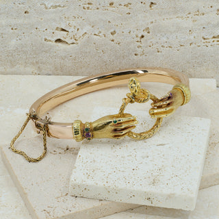 Rare Georgian 18ct Yellow & Rose Gold Fede Hands & Snake Bangle - Emerald & Ruby - Circa 1800
