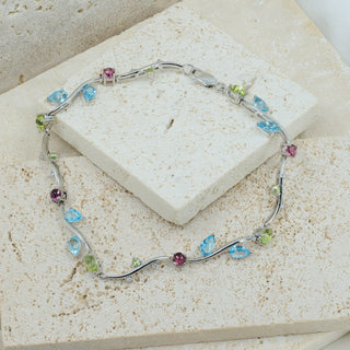 9ct White Gold Multi-Gem & Diamond Pear-Cut Bracelet - 7 Inch - 5.2g