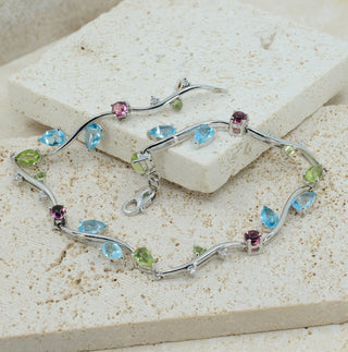 9ct White Gold Multi-Gem & Diamond Pear-Cut Bracelet - 7 Inch - 5.2g