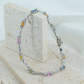 18ct White Gold Multi-Colour Sapphire &amp; Diamond Tennis Bracelet - 7¼"