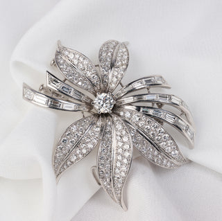 18ct White Gold 5ct+ Natural Diamond Handmade Brooch Pendant - Emerald &amp; Round Cut Diamonds