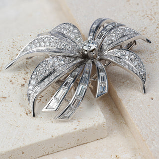 18ct White Gold 5ct+ Natural Diamond Handmade Brooch Pendant - Emerald &amp; Round Cut Diamonds