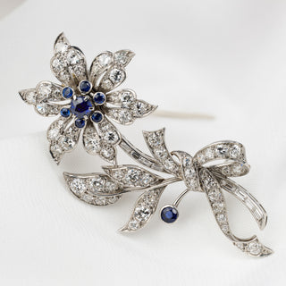 Platinum 2.50ct+ Old Cut Diamond & Sapphire Flower Brooch - Handmade Circa 1930s