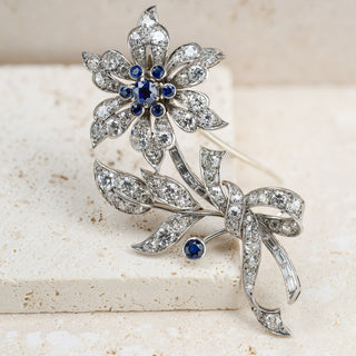 Platinum 2.50ct+ Old Cut Diamond & Sapphire Flower Brooch - Handmade Circa 1930s
