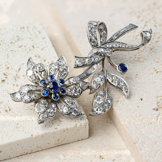 Platinum 2.50ct+ Old Cut Diamond & Sapphire Flower Brooch - Handmade Circa 1930s