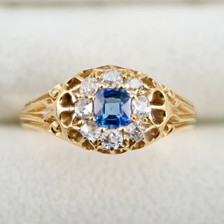 Victorian 18ct Yellow Gold Old Cut Diamond Sapphire Cluster Ring