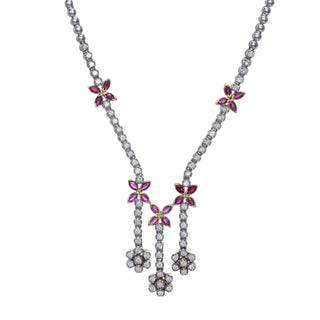 18ct Hand Crafted 2.35ct Diamond And Ruby Flower Earring and Necklace Set