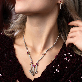 18ct Hand Crafted 2.35ct Diamond And Ruby Flower Earring and Necklace Set