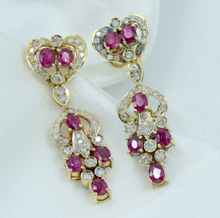 18ct Yellow Gold Natural Ruby & Diamond Dangle Drop Earrings – 40mm – 12.5g