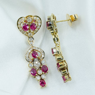 18ct Yellow Gold Natural Ruby & Diamond Dangle Drop Earrings – 40mm – 12.5g
