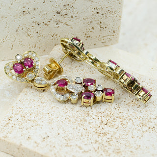 18ct Yellow Gold Natural Ruby & Diamond Dangle Drop Earrings – 40mm – 12.5g