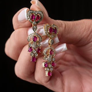 18ct Yellow Gold Natural Ruby & Diamond Dangle Drop Earrings – 40mm – 12.5g