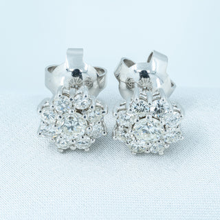 18ct White Gold 1.30ct Natural Diamond Daisy Cluster Stud Earrings - G Colour - 5.1g