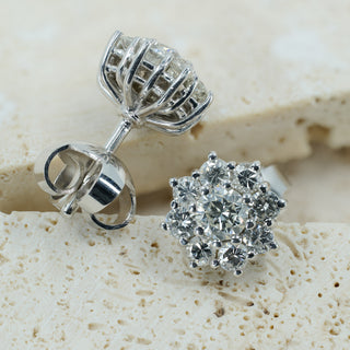 18ct White Gold 1.30ct Natural Diamond Daisy Cluster Stud Earrings - G Colour - 5.1g