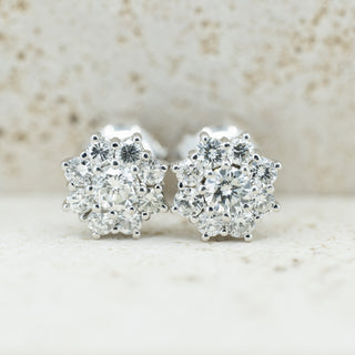 18ct White Gold 1.30ct Natural Diamond Daisy Cluster Stud Earrings - G Colour - 5.1g