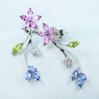 18ct White Gold Tanzanite, Pink Sapphire, Peridot & Diamond Floral Drop Earrings – 3.2g