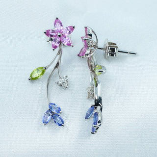 18ct White Gold Tanzanite, Pink Sapphire, Peridot & Diamond Floral Drop Earrings – 3.2g