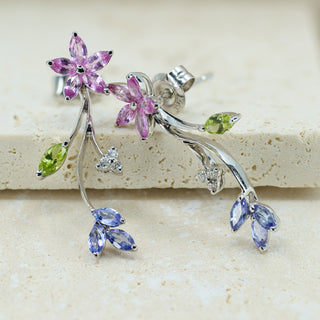 18ct White Gold Tanzanite, Pink Sapphire, Peridot & Diamond Floral Drop Earrings – 3.2g