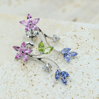 18ct White Gold Tanzanite, Pink Sapphire, Peridot & Diamond Floral Drop Earrings – 3.2g