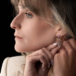 18ct White Gold Tanzanite, Pink Sapphire, Peridot & Diamond Floral Drop Earrings – 3.2g