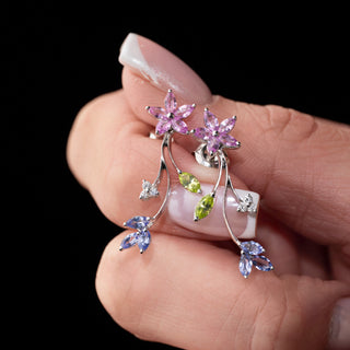 18ct White Gold Tanzanite, Pink Sapphire, Peridot & Diamond Floral Drop Earrings – 3.2g