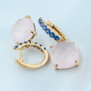 Suarez 18ct Rose Gold Rose Quartz & Blue Sapphire Drop Earrings – 4.4g