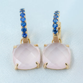 Suarez 18ct Rose Gold Rose Quartz & Blue Sapphire Drop Earrings – 4.4g