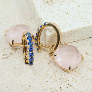 Suarez 18ct Rose Gold Rose Quartz & Blue Sapphire Drop Earrings – 4.4g