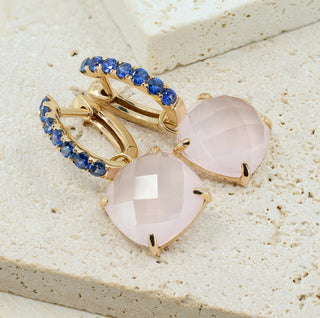 Suarez 18ct Rose Gold Rose Quartz & Blue Sapphire Drop Earrings – 4.4g