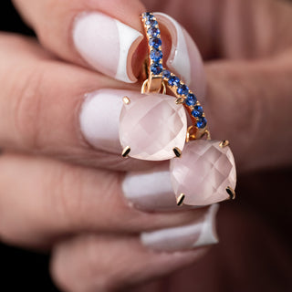 Suarez 18ct Rose Gold Rose Quartz & Blue Sapphire Drop Earrings – 4.4g
