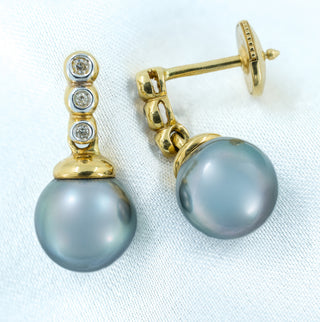 18ct Yellow Gold Diamond & Tahitian Pearl Drop Earrings – 9mm Pearls – 5g