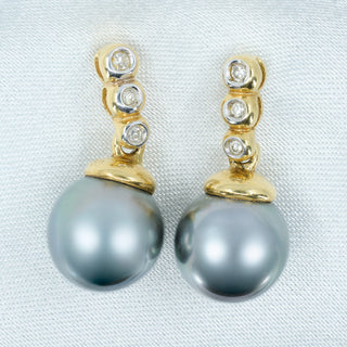 18ct Yellow Gold Diamond & Tahitian Pearl Drop Earrings – 9mm Pearls – 5g