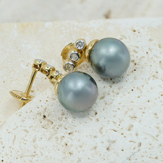 18ct Yellow Gold Diamond & Tahitian Pearl Drop Earrings – 9mm Pearls – 5g