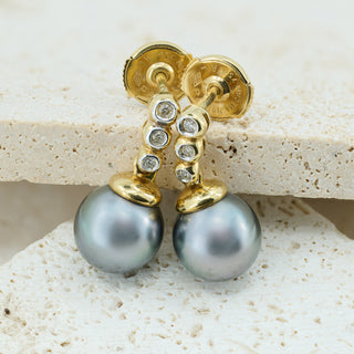 18ct Yellow Gold Diamond & Tahitian Pearl Drop Earrings – 9mm Pearls – 5g