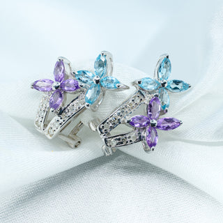 9ct White Gold Aquamarine, Amethyst & Diamond Floral Earrings – 3.5g