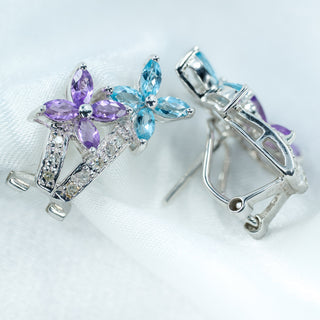 9ct White Gold Aquamarine, Amethyst & Diamond Floral Earrings – 3.5g