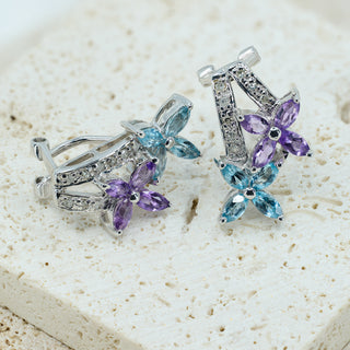 9ct White Gold Aquamarine, Amethyst & Diamond Floral Earrings – 3.5g