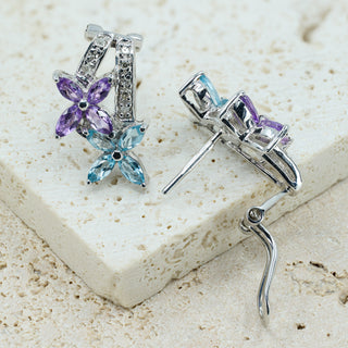 9ct White Gold Aquamarine, Amethyst & Diamond Floral Earrings – 3.5g