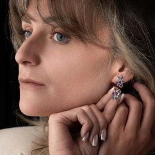 9ct White Gold Aquamarine, Amethyst & Diamond Floral Earrings – 3.5g