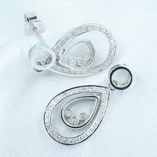 9ct White Gold Floating Diamond Teardrop Earrings - 25mm - 4.5g