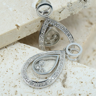 9ct White Gold Floating Diamond Teardrop Earrings - 25mm - 4.5g