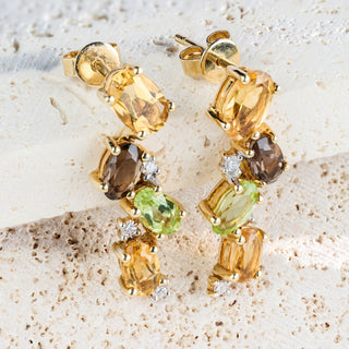 18ct Yellow Gold Multi-Gem Diamond Set Dangle Earrings - 2.8g