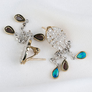 9ct White Gold Opal & Diamond Art Deco Style Drop Earrings - 37mm