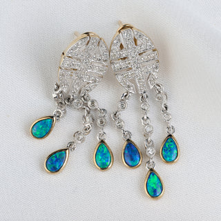9ct White Gold Opal & Diamond Art Deco Style Drop Earrings - 37mm