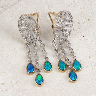 9ct White Gold Opal & Diamond Art Deco Style Drop Earrings - 37mm